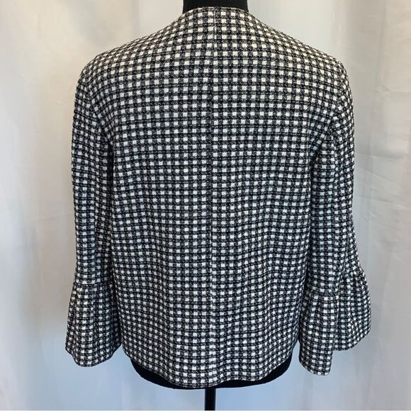 𝅺ZARA tweed plaid check black white bell sleeve jacket Sz M - Picture 5 of 15